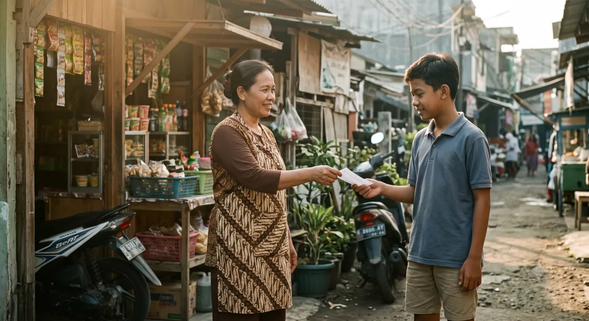 Pemilik warung menata dagangannya di pagi hari